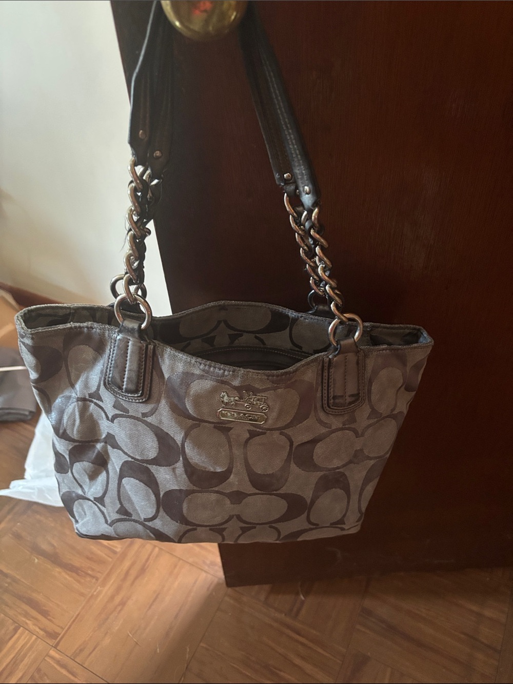 Coach Gray Signature Jacquard Shoulder Tote with Chain-Strap Detail